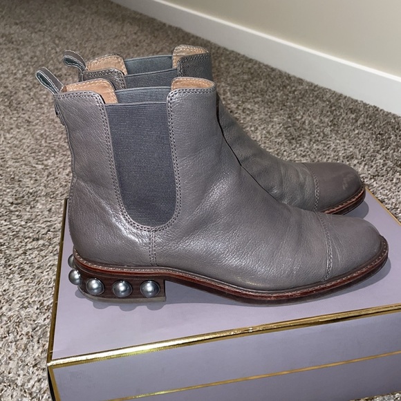Shiny Gray Leather Ankle Boots w/ Pearls - Picture 5 of 6